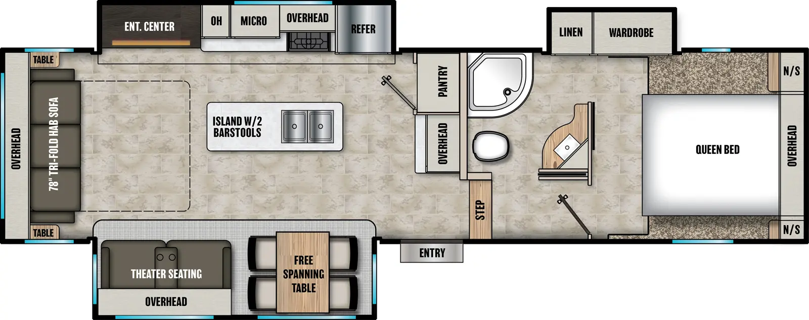 The Chaparral Lite 30RLS floorplan has one entry and three slide outs. Exterior features include: fiberglass exterior and 11' awning. Interiors features include: kitchen island, free-standing dinette option, front bedroom and rear living.